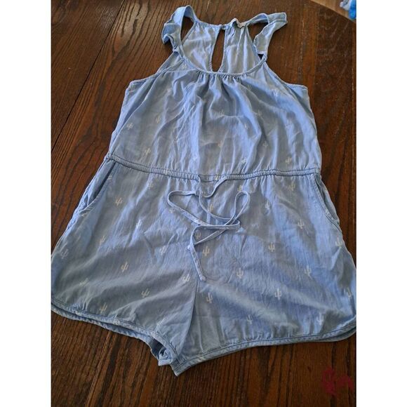 Large Buddy Basics Blue White Cactus Sleeveless Elastic Waist One Piece Romper - Picture 1 of 7
